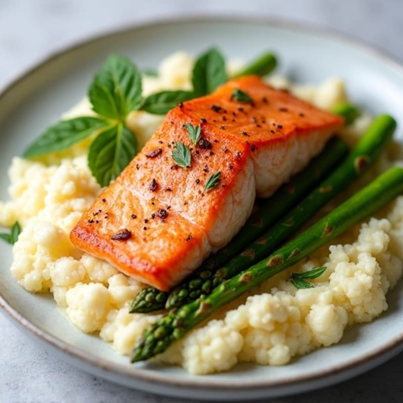 Seared Salmon Fillet with Roasted Asparagus and Garlic Cauliflower Mash