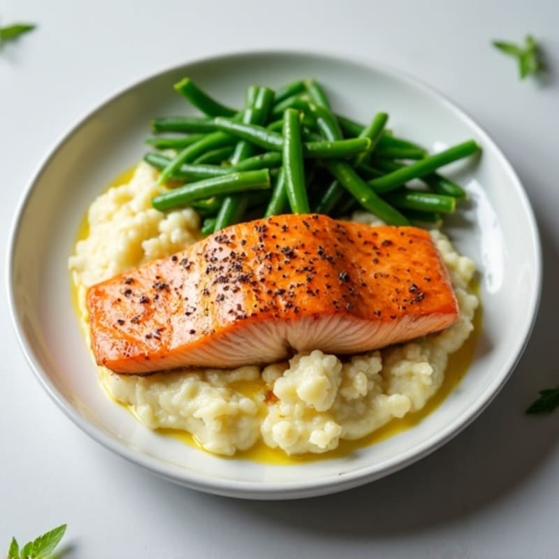 Seared Salmon with Steamed Green Beans and Cauliflower Mash