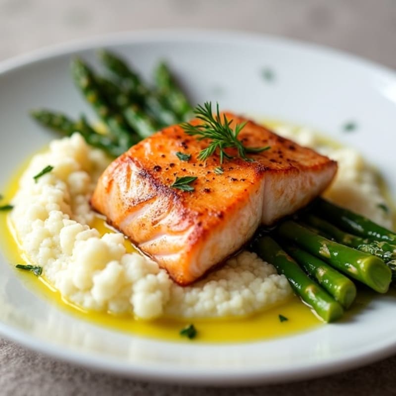 Seared Salmon with Steamed Asparagus and Cauliflower Mash