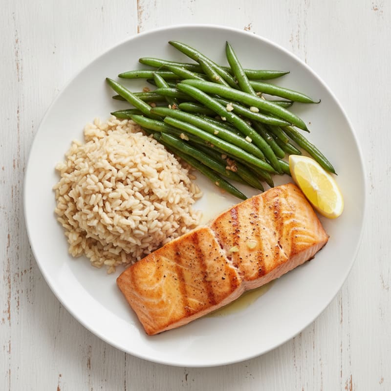 Seared Salmon with Garlic Green Beans and Brown Rice