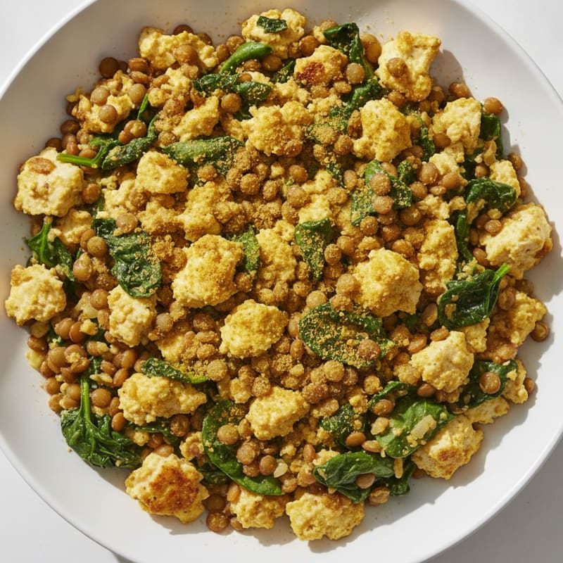 Silky Tofu and Lentil Scramble with Spinach