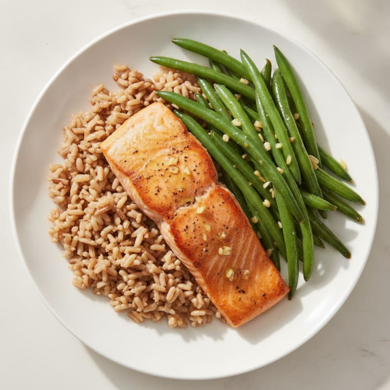Seared Salmon Fillet with Brown Rice and Garlic Green Beans