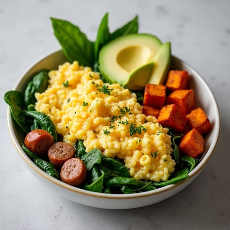 Egg White and Turkey Sausage Scramble with Spinach and Roasted Sweet Potatoes