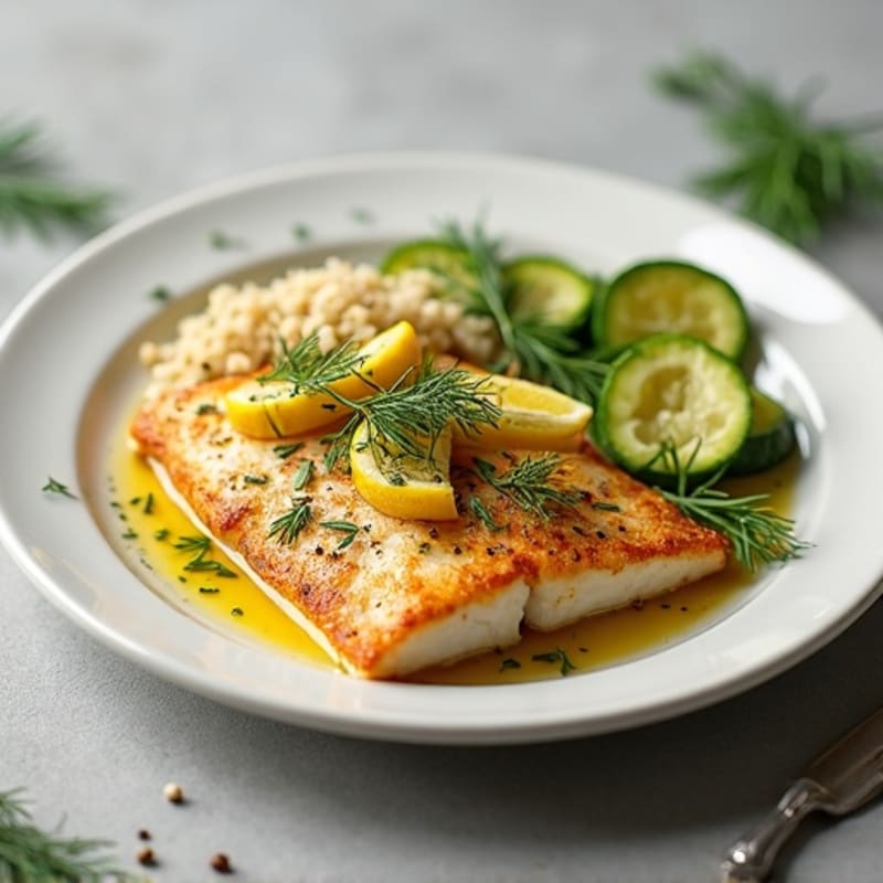 Lemon Herb Flaky Baked Hake with Steamed Zucchini and Quinoa