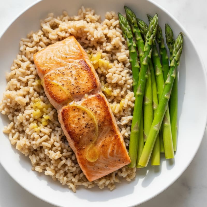 Seared Salmon with Steamed Asparagus and Brown Rice