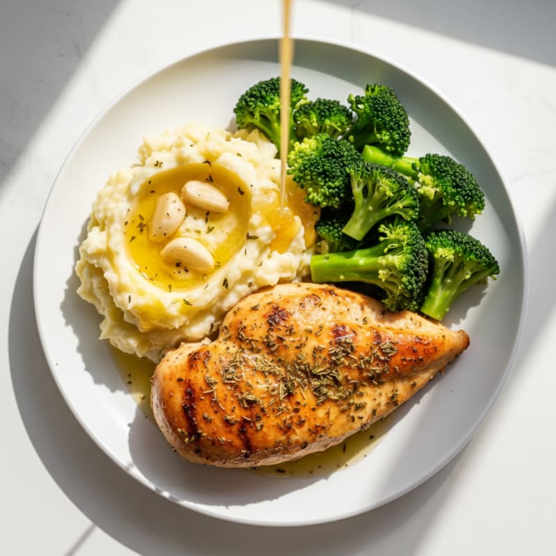 Herb-Roasted Chicken Breast with Garlic Mashed Potatoes and Steamed Broccoli