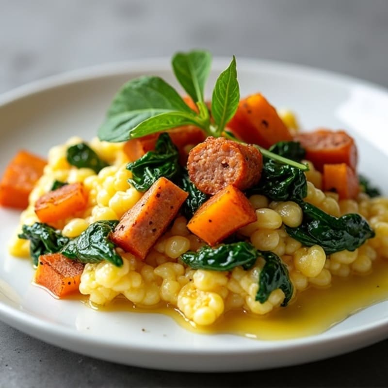 Egg White and Turkey Sausage Scramble with Spinach and Roasted Sweet Potato