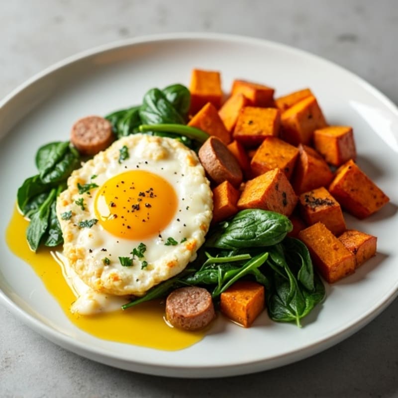 Egg White and Turkey Sausage Scramble with Spinach and Roasted Sweet Potatoes