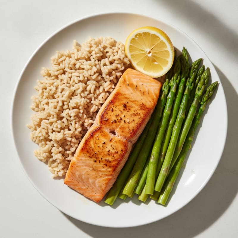 Seared Salmon with Steamed Asparagus and Brown Rice