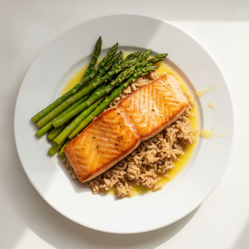 Seared Salmon Fillet with Steamed Asparagus and Brown Rice