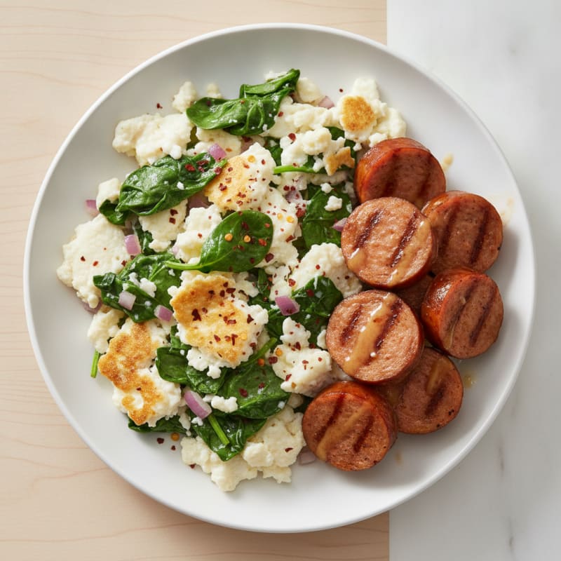Egg White Spinach Scramble with Grilled Turkey Sausage