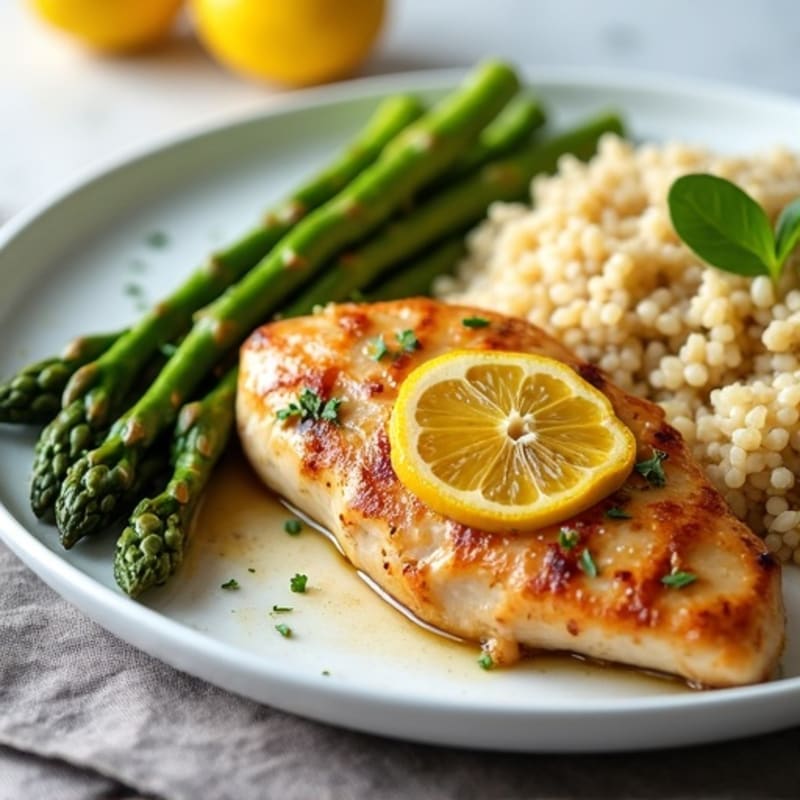 Lemon Garlic Pan-Seared Chicken with Roasted Asparagus and Quinoa