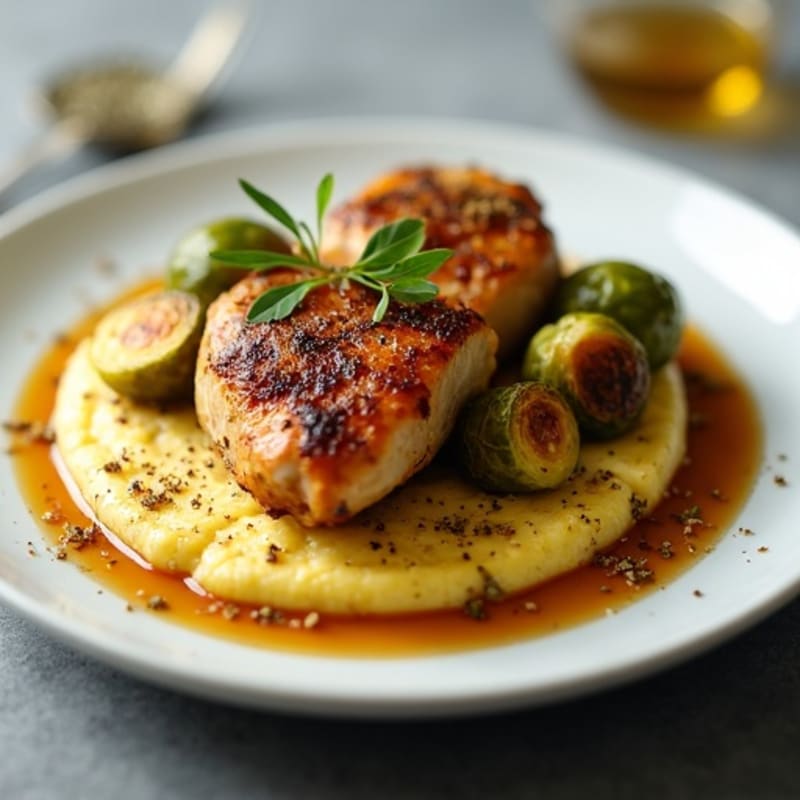 Maple-Glazed Chicken Thighs with Roasted Brussels Sprouts and Creamy Polenta