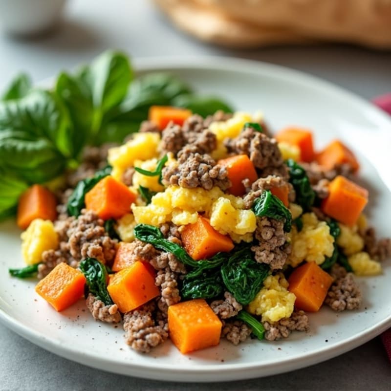 Beef and Spinach Egg Scramble with Sweet Potato