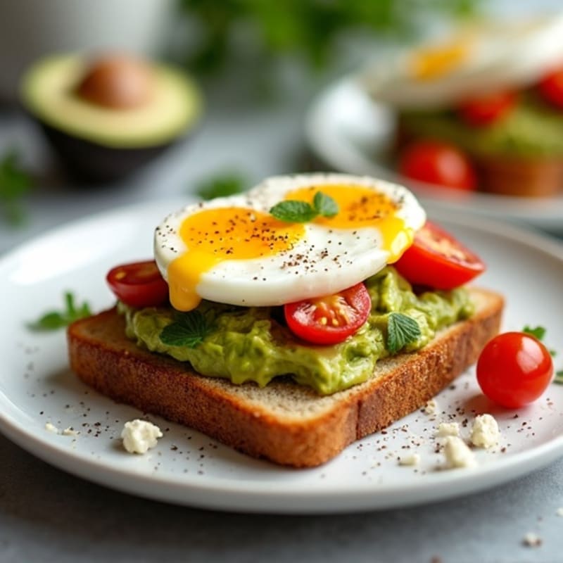 Crispy Whole Grain Toast with Smashed Avocado, Poached Egg, and Fresh Cherry Tomatoes