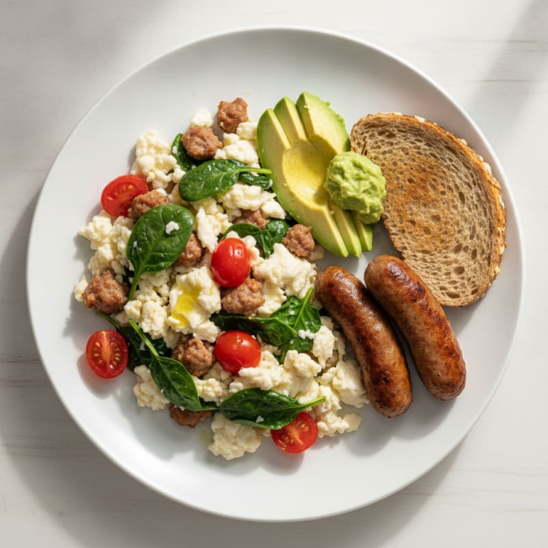 Egg White and Turkey Sausage Scramble with Spinach and Cherry Tomatoes
