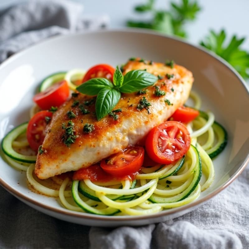 Pan-Seared Chicken with Fresh Herb Tomato Sauce and Zucchini Noodles