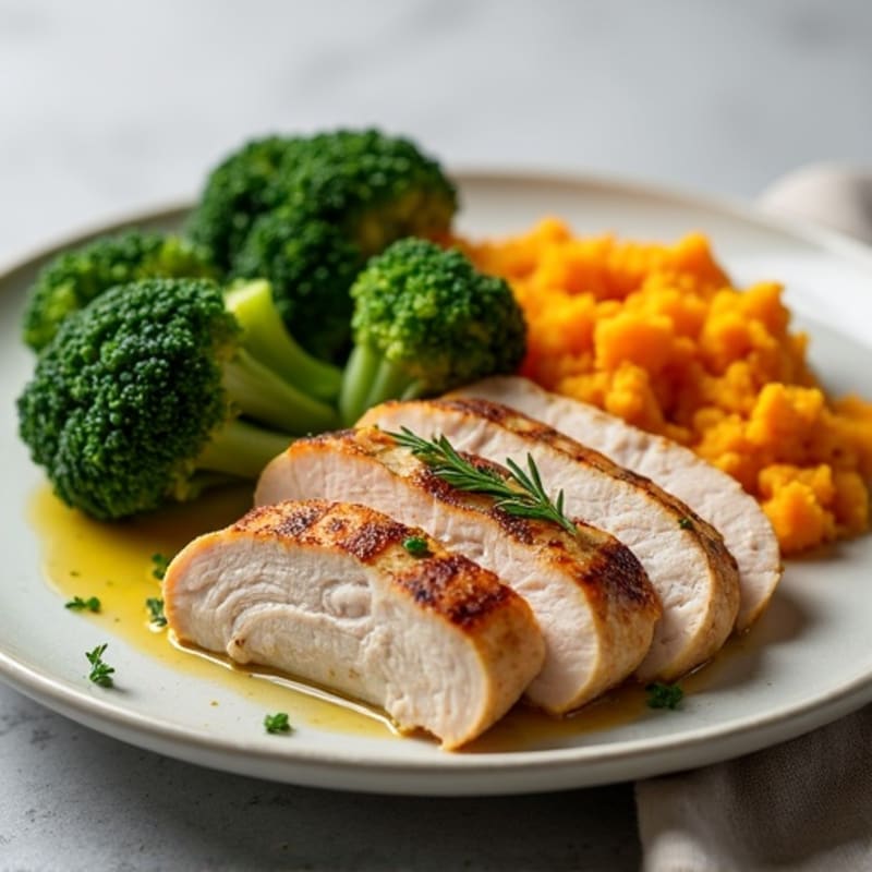 Seared Turkey Breast with Steamed Broccoli and Mashed Sweet Potato