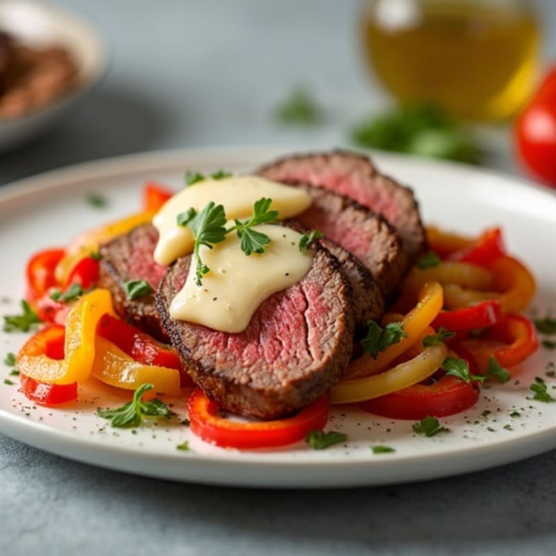 Thin-Sliced Steak with Sautéed Bell Peppers, Onions, and Creamy Provolone