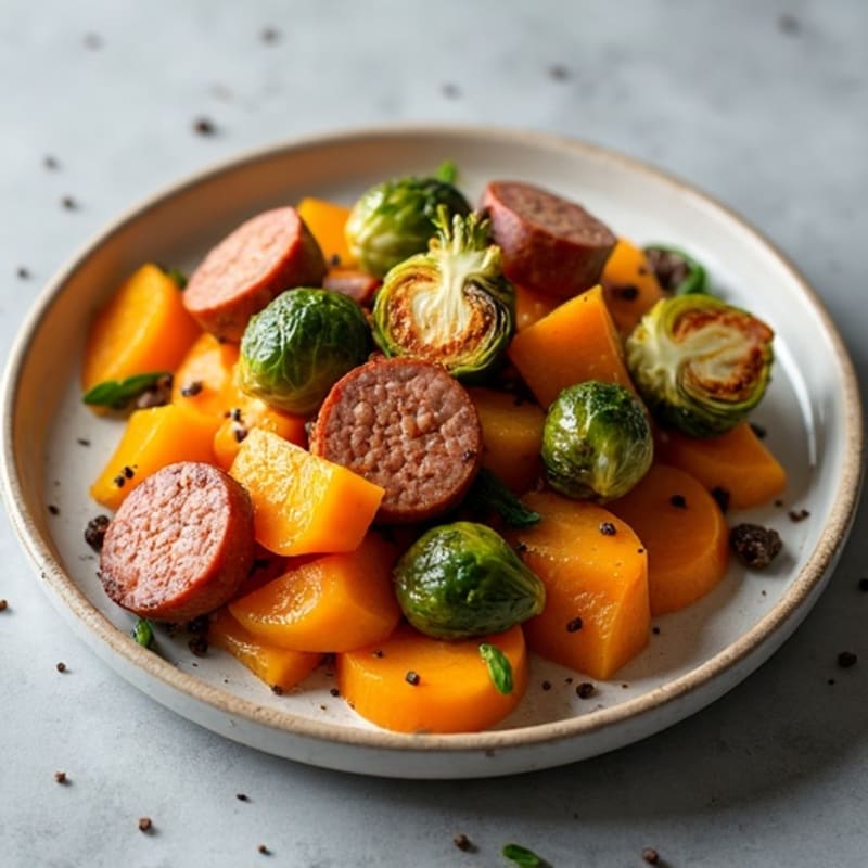 Roasted Pumpkin and Chicken Sausage with Crispy Brussels Sprouts