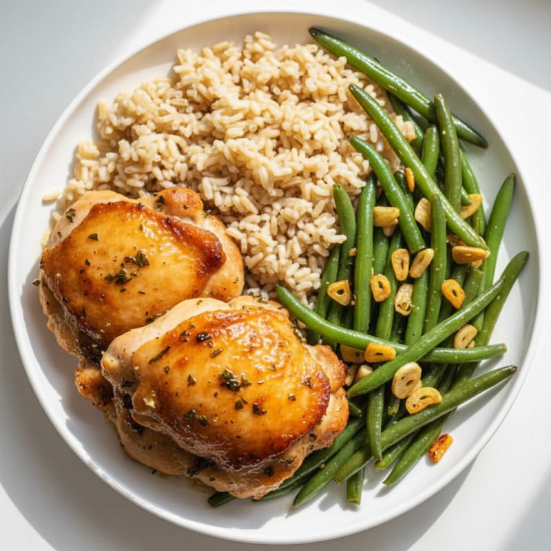 Herb-Roasted Chicken Thighs with Garlic Green Beans and Brown Rice