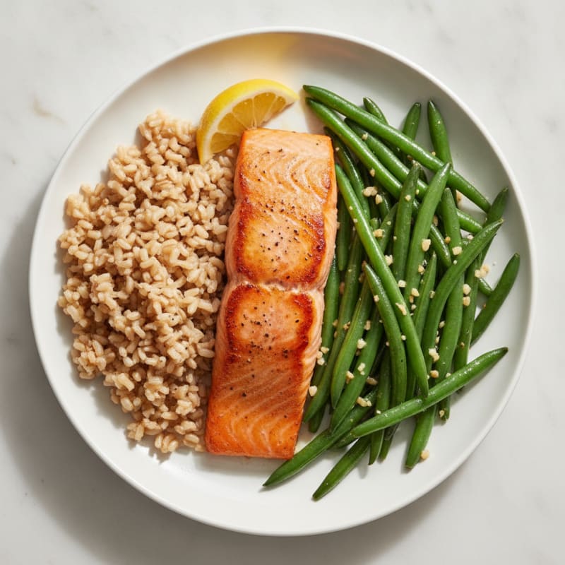 Seared Salmon with Garlic Green Beans and Brown Rice