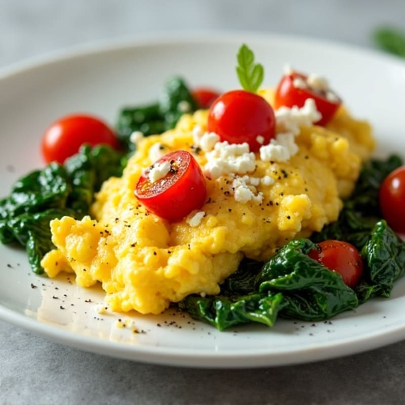 Fluffy Scrambled Eggs with Sautéed Spinach and Cherry Tomatoes