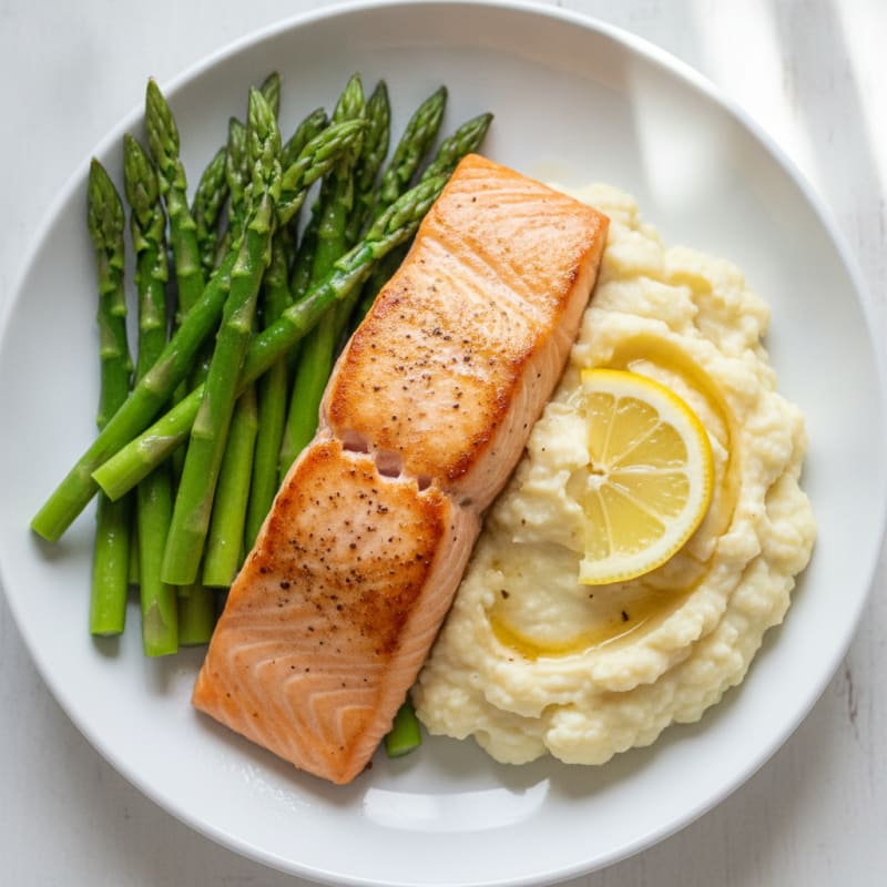 Seared Salmon with Steamed Asparagus and Garlic Mashed Cauliflower