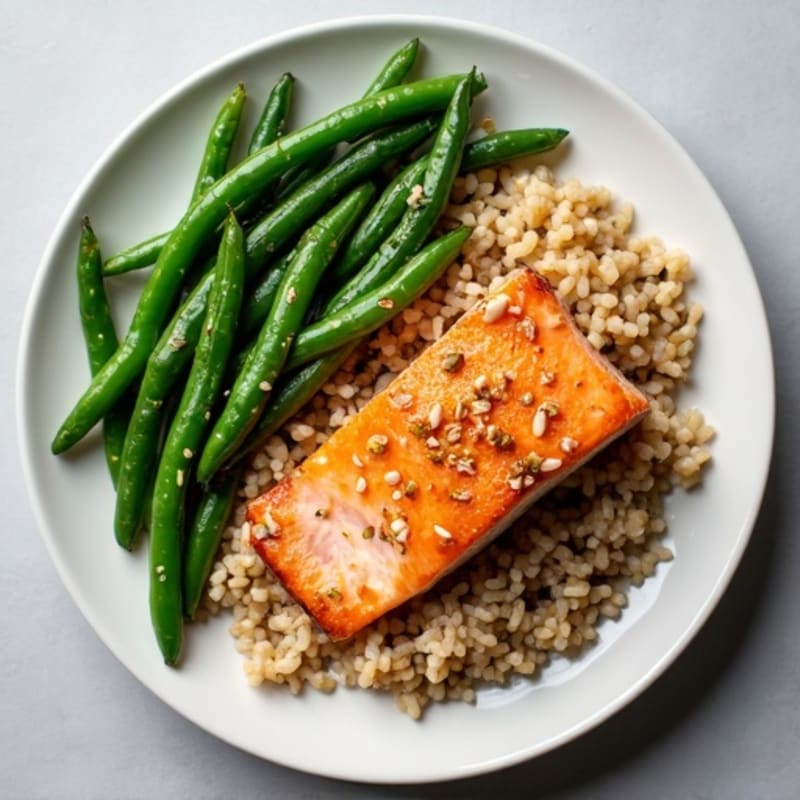 Seared Salmon with Garlic Green Beans and Steamed Brown Rice