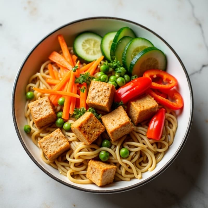 Creamy Peanut Noodles with Crispy Tofu and Fresh Vegetables