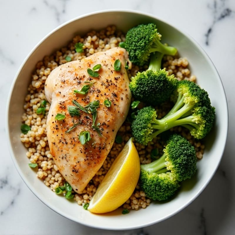 Lemon Herb Roasted Chicken and Quinoa Bowl with Crispy Roasted Broccoli