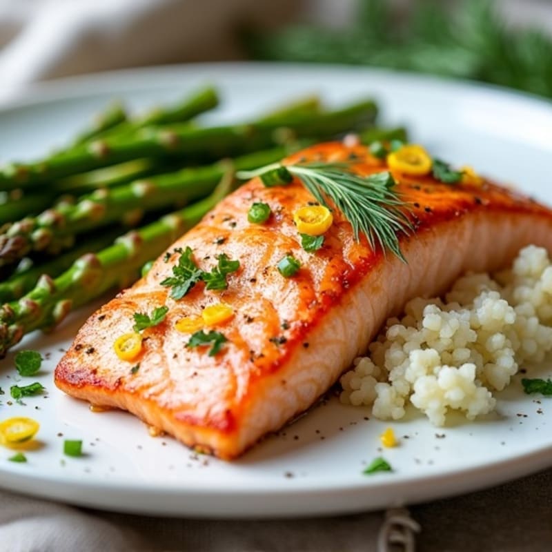 Seared Salmon Filet with Herb Cauliflower Rice and Roasted Asparagus
