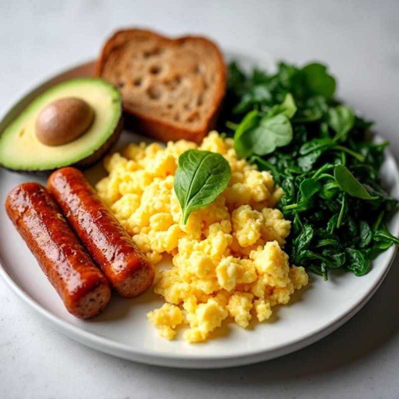 Crispy Turkey Sausage and Egg White Scramble with Sautéed Spinach