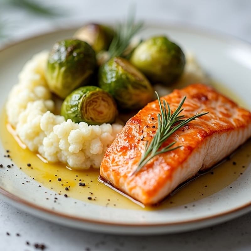 Seared Salmon with Roasted Brussels Sprouts and Cauliflower Mash