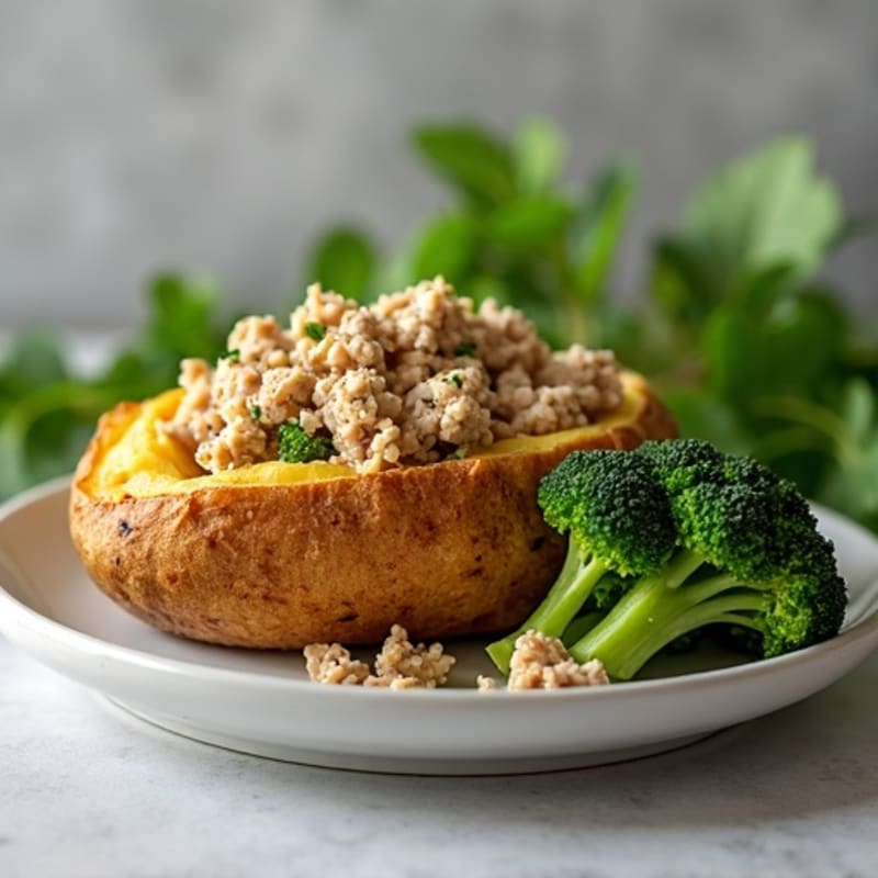 Crispy Baked Potato Loaded with Lean Ground Turkey and Steamed Broccoli
