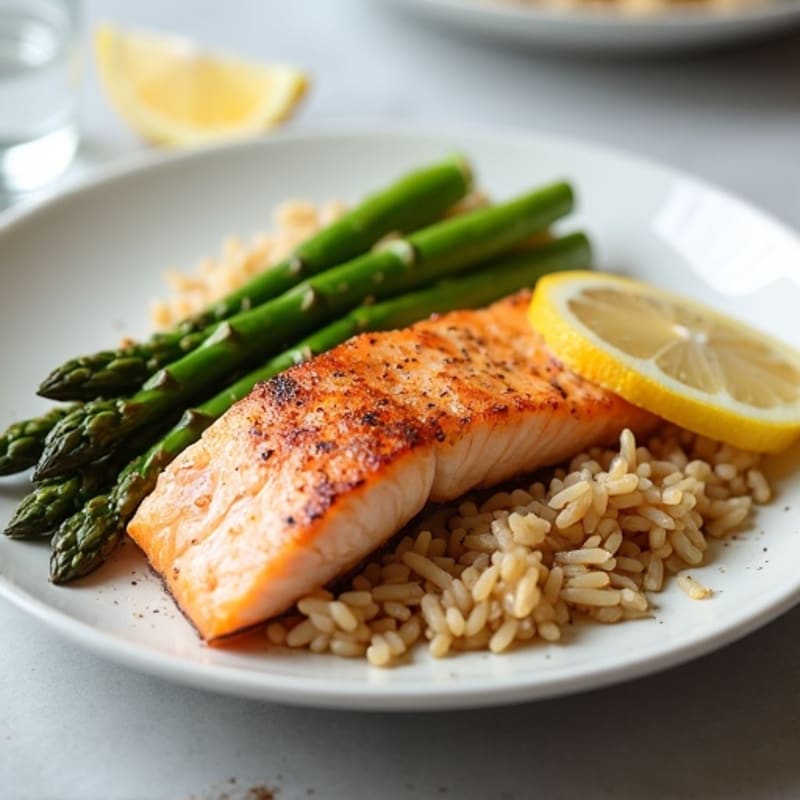 Seared Salmon Fillet with Steamed Asparagus and Brown Rice