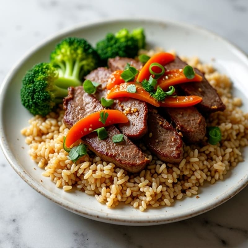 Garlic Ginger Beef with Crisp Broccoli and Brown Rice