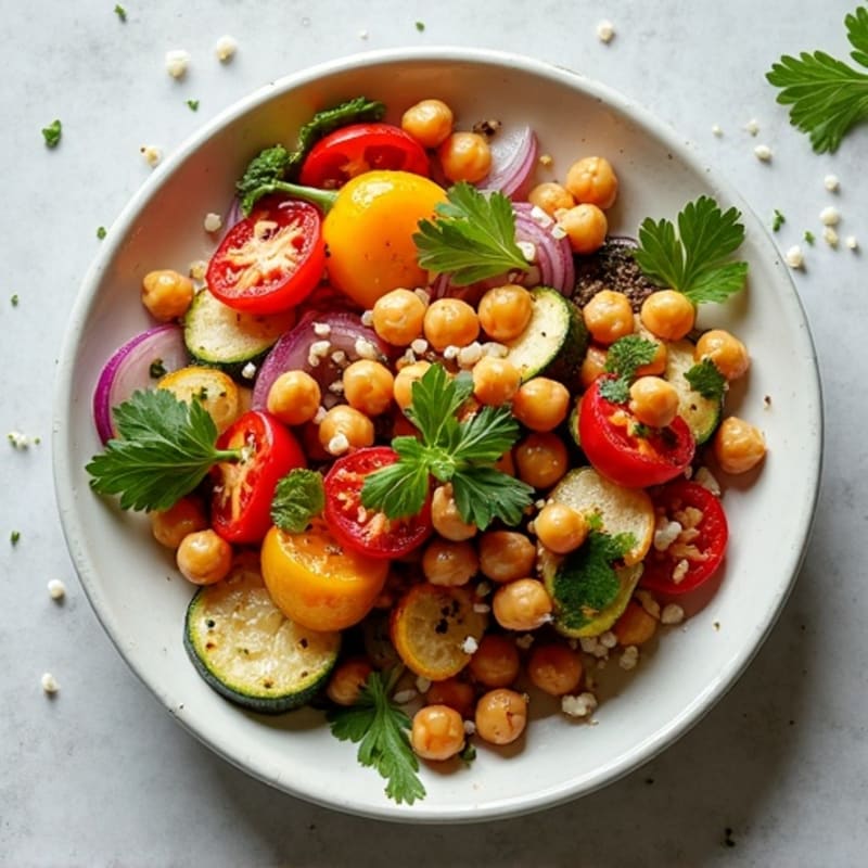 Sheet Pan Roasted Vegetables with Crispy Chickpeas and Lemon-Herb Dressing