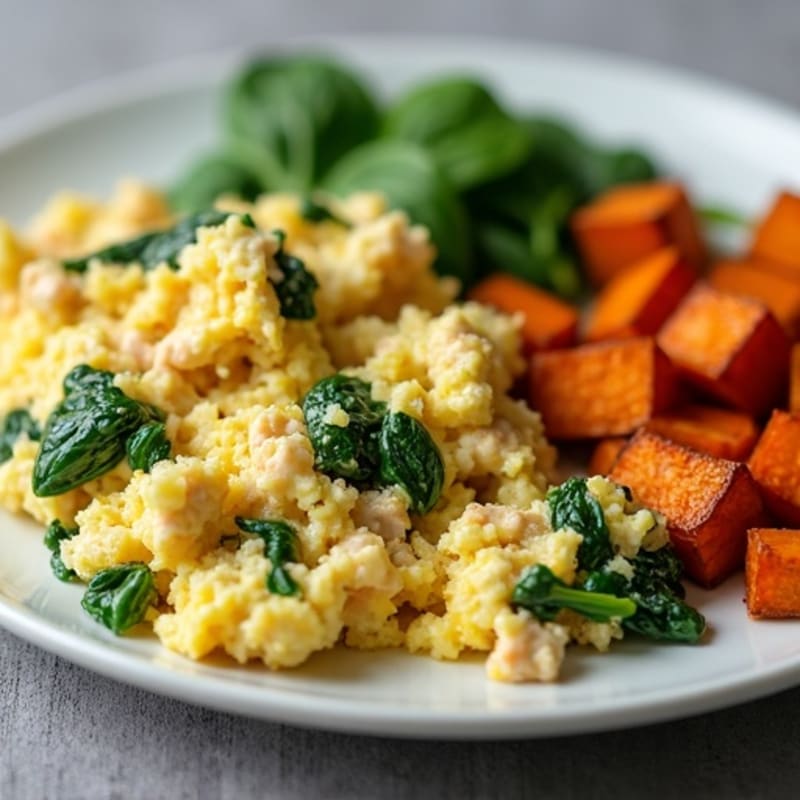Egg White and Turkey Spinach Scramble with Roasted Sweet Potatoes