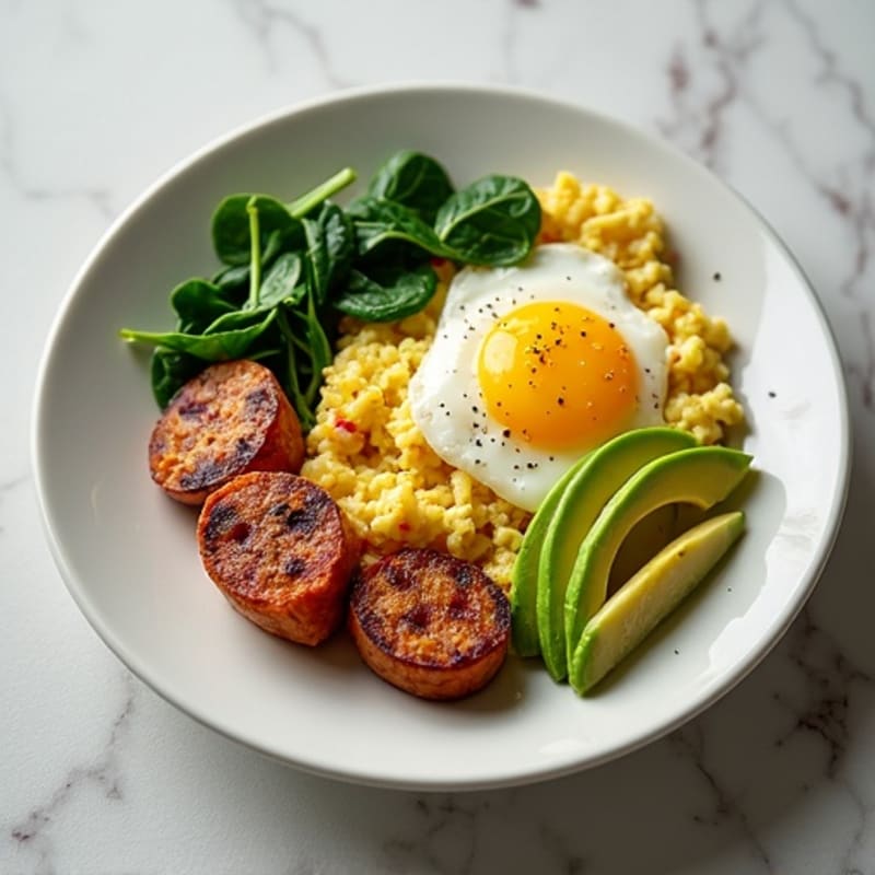 Egg White and Turkey Sausage Scramble with Spinach and Roasted Sweet Potato