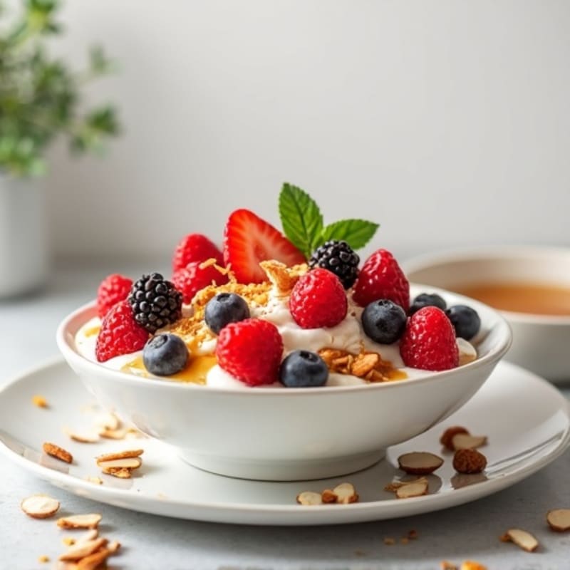 Creamy Greek Yogurt Bowl with Fresh Berries, Honey, and Crunchy Toasted Almonds