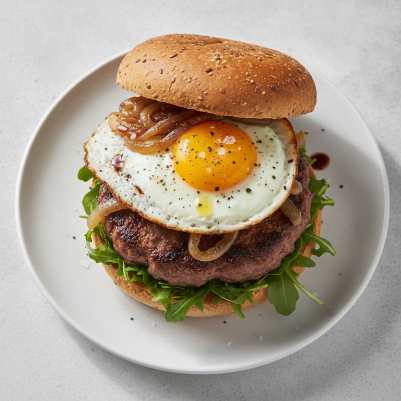 Classic Beef Burger with Caramelized Onions and Fried Egg