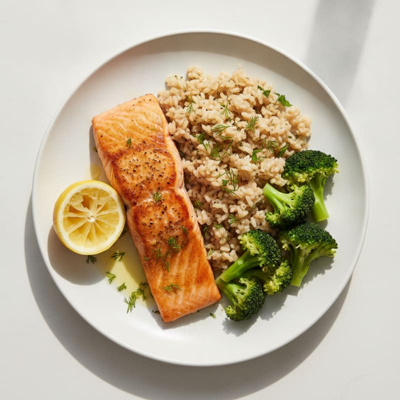 Seared Salmon with Steamed Broccoli and Herbed Brown Rice
