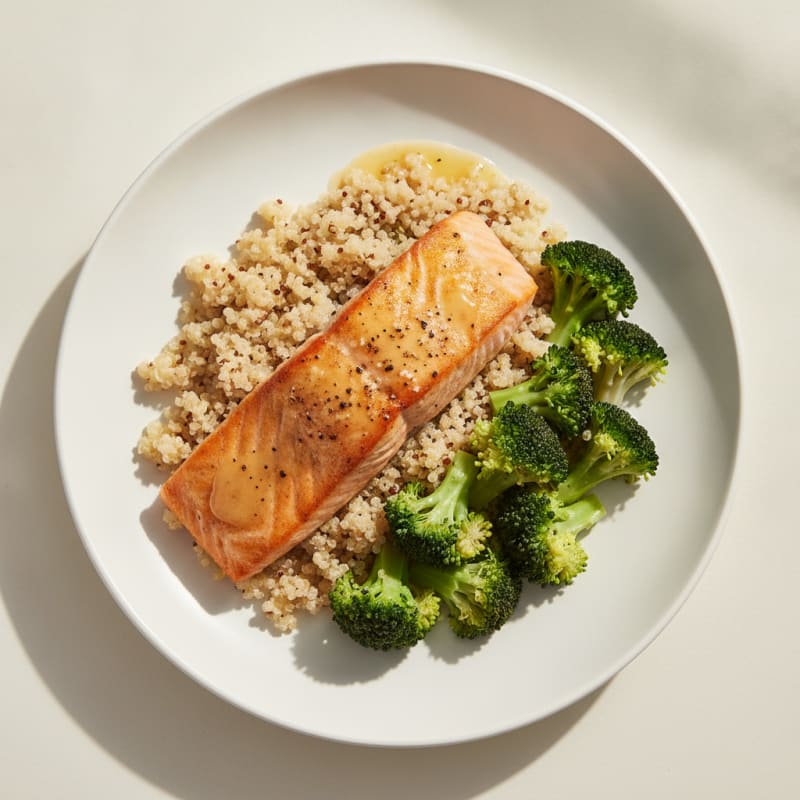 Seared Salmon with Steamed Broccoli and Quinoa