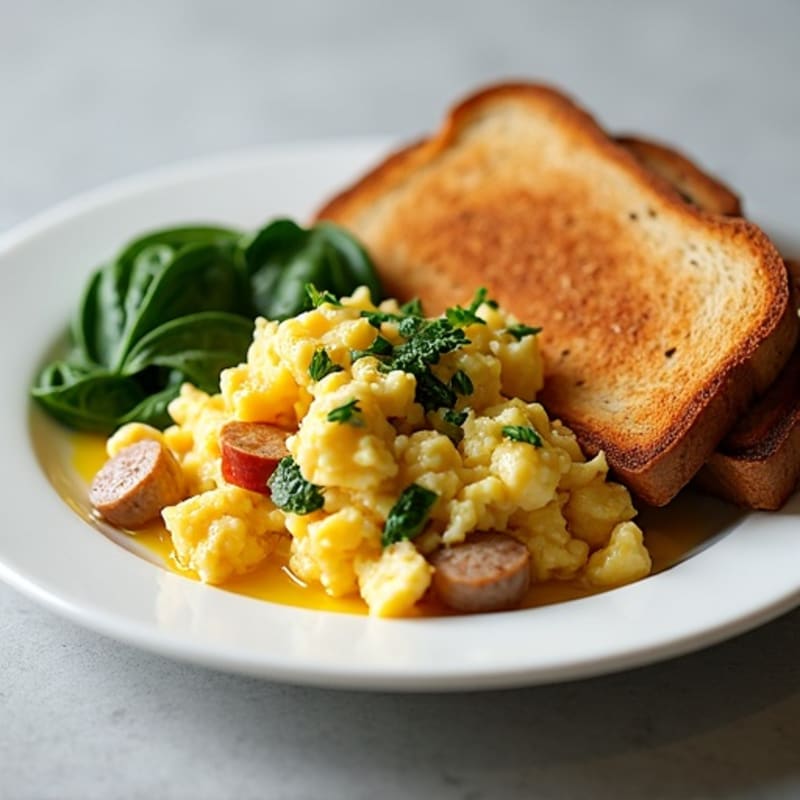 Egg White and Turkey Sausage Scramble with Cottage Cheese and Spinach