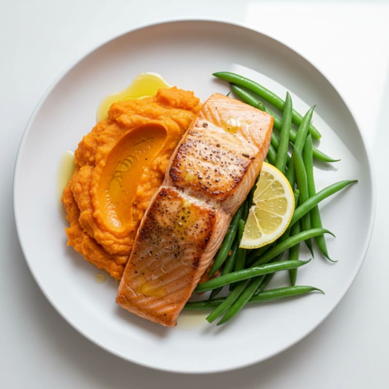 Seared Salmon with Steamed Green Beans and Sweet Potato Mash