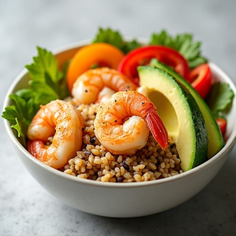 Fresh Shrimp and Avocado Rice Bowl with Crispy Vegetables