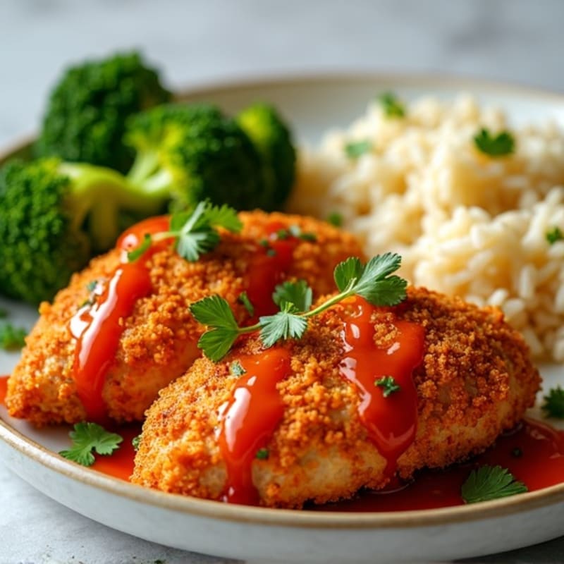 Crispy Sweet Chili Chicken with Fluffy Jasmine Rice and Roasted Broccoli