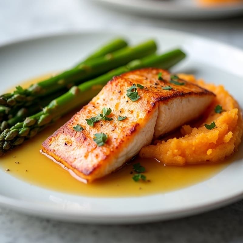 Seared Salmon with Steamed Asparagus and Sweet Potato Mash