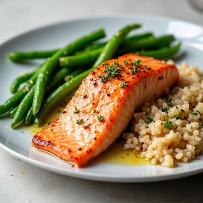 Seared Salmon Fillet with Garlic Green Beans and Brown Rice